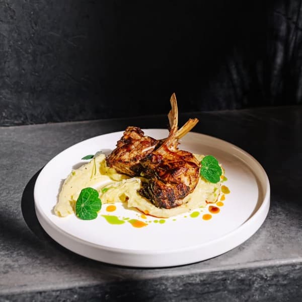 Grilled lamb chops plated over a herbed purée