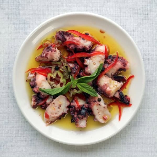 Octopus with roasted peppers and basil in olive oil
